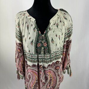 Hope Springs Top M Peasant Boho Cottage Paisley Tie Sleeves Button V Neck Floral